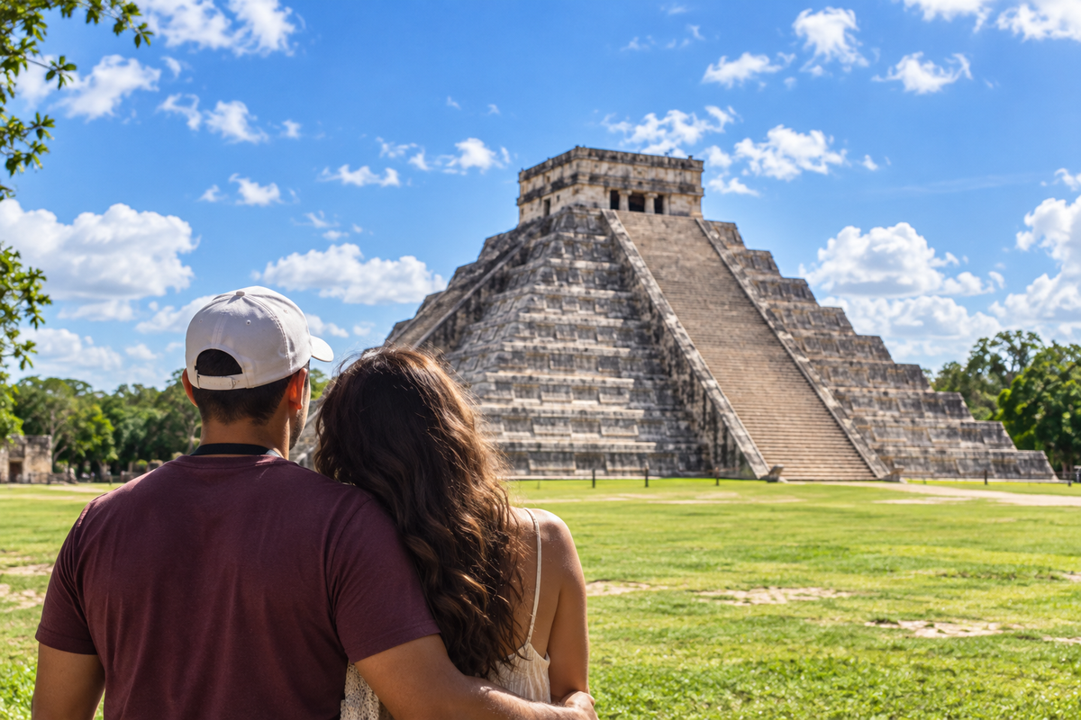 Pareja contemplando la pirámide de Chichén Itzá durante un tour por Yucatán desde Riviera Maya