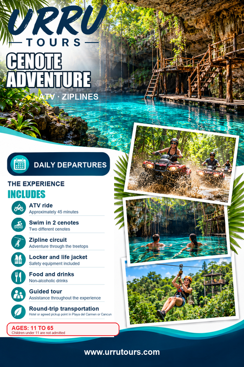 Cenote adventure with ATV, two cenotes and zip lines - English