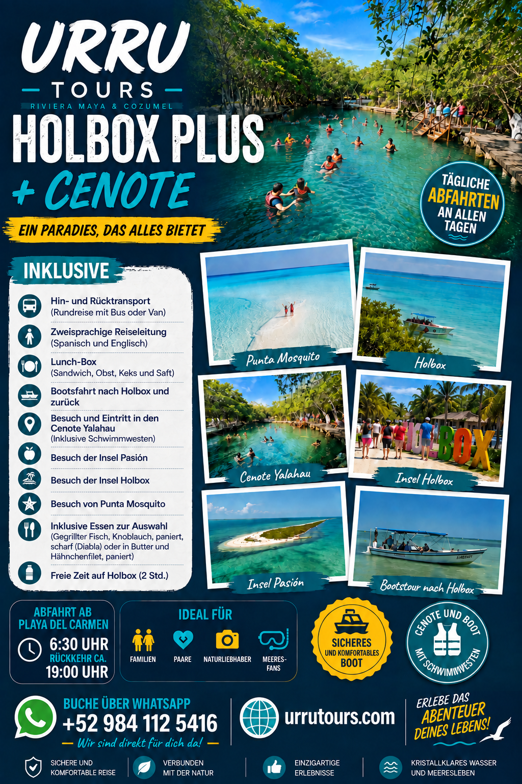 Holbox Plus Tour mit Cenote Yalahau ab Riviera Maya - Deutsch